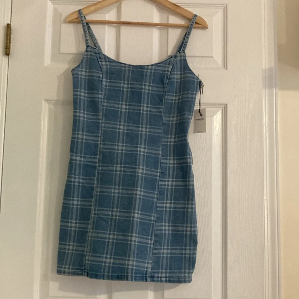 NWT Forever 21 Plaid Cami Mini Dress in Light Denim Size Small - Picture 6 of 9